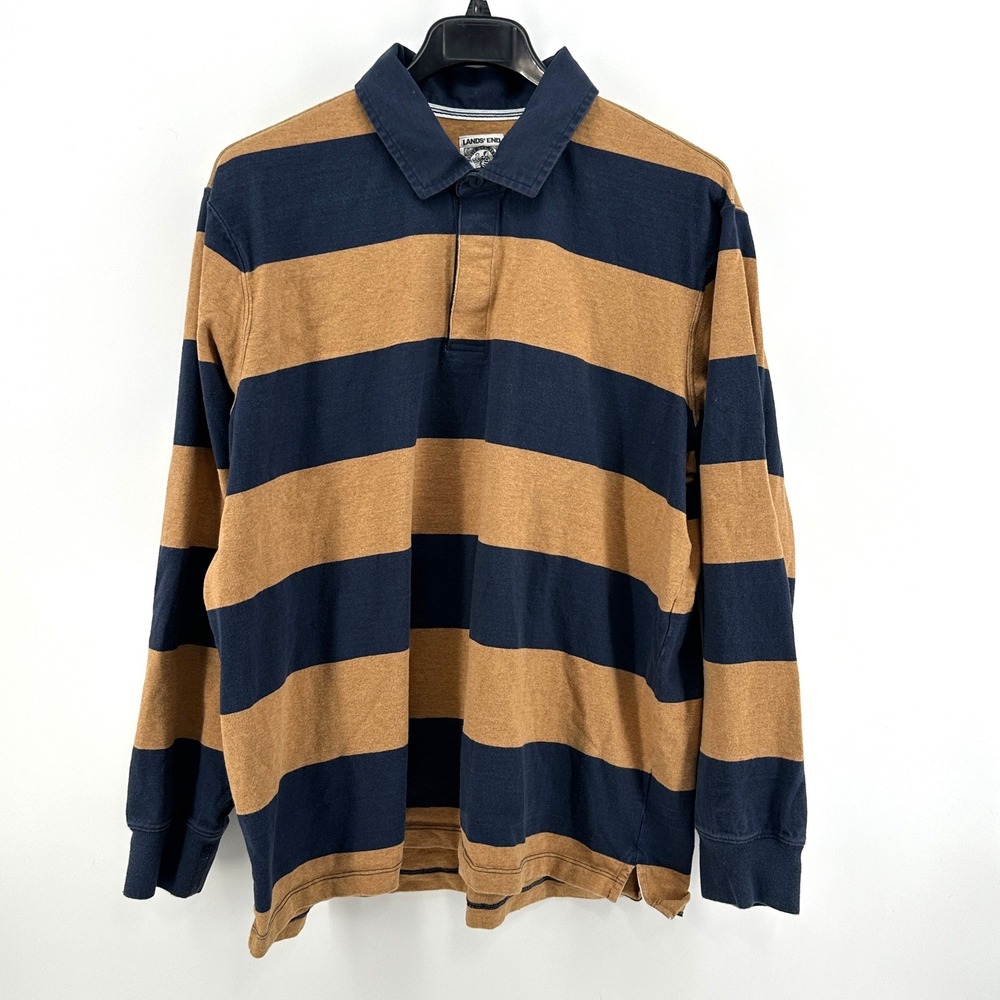 Lands End Rugby Shirt Mens XXL Brown Navy Blue Striped Long Sleeve Classic Peru